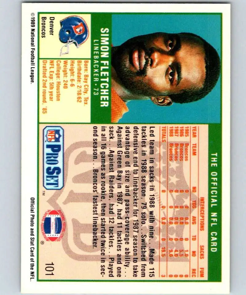Vintage 1989 Pro Set Simon Fletcher Rookie Card on teal background for Denver Broncos fans