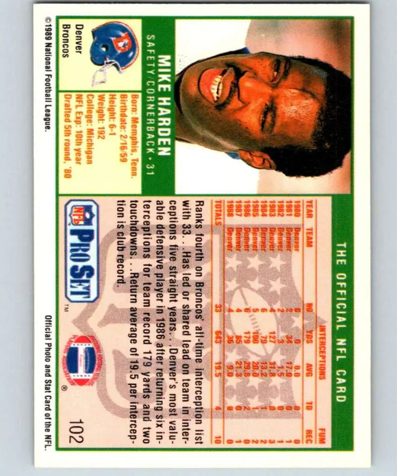 NFL Pro Set football trading card featuring Mike Harden of the Denver Broncos