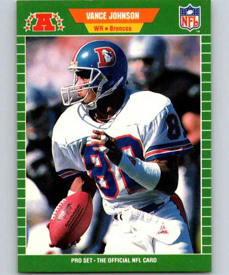 NFL football card of Vance Johnson in white uniform for Denver Broncos