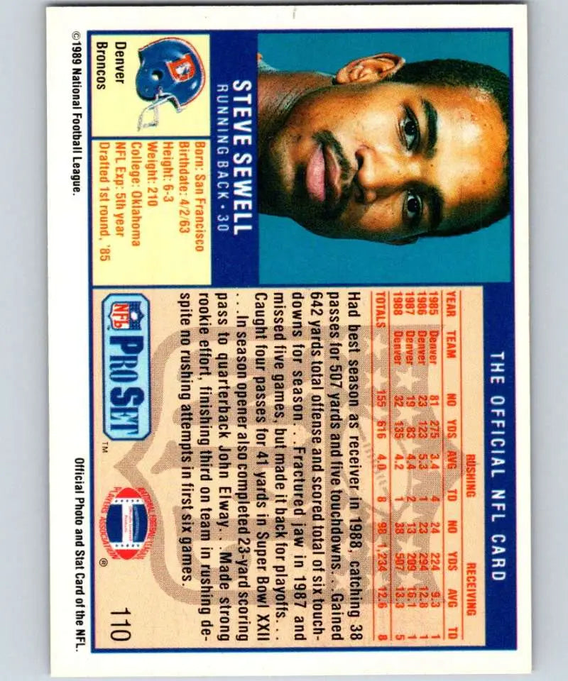 Pro Set NFL trading card featuring Steve Sewell from the Denver Broncos in the 1990s