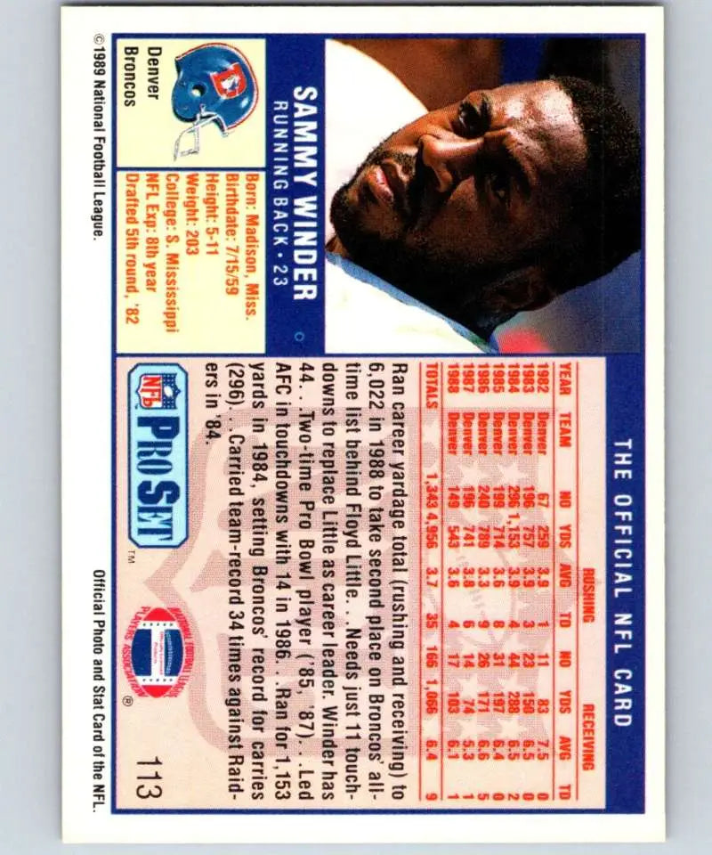 1989 Pro Set #113 Sammy Winder NM-MT Denver Broncos Football Card collectible image