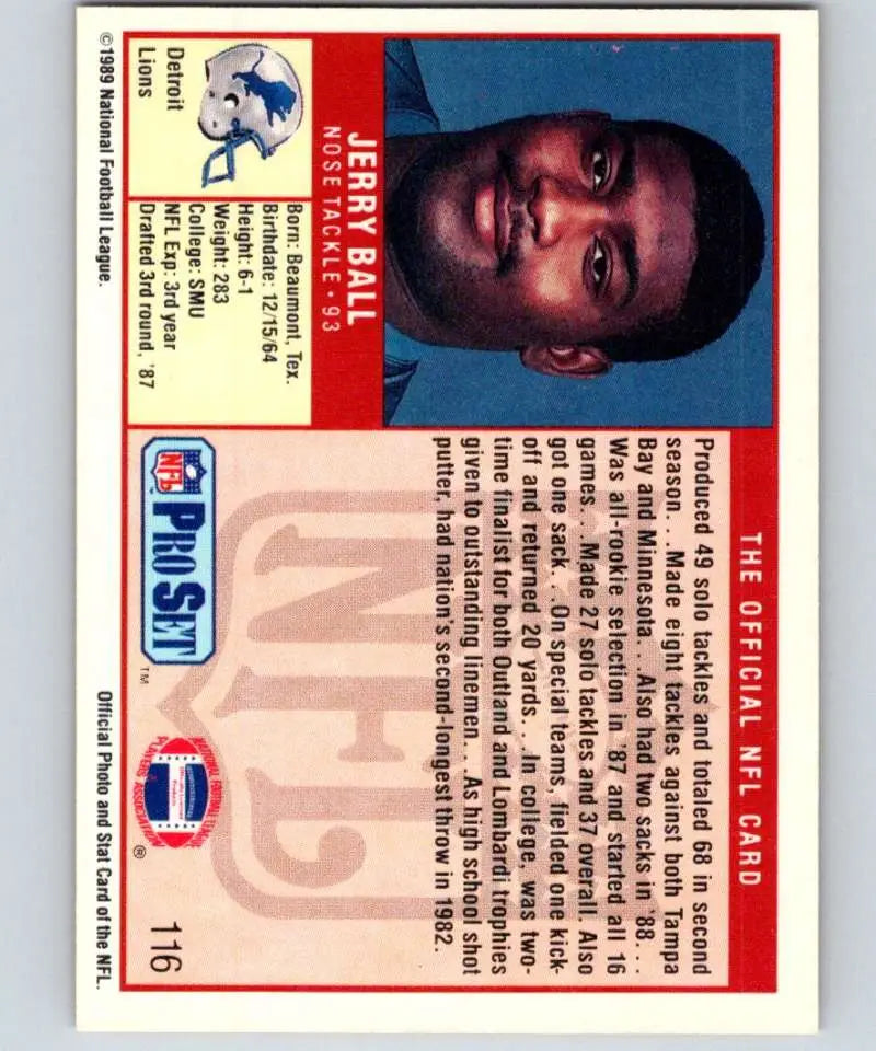 1989 Pro Set #116 Jerry Ball Rookie Card featuring Detroit Lions football legend