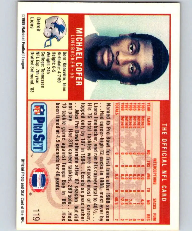 1989 Pro Set Michael Cofer Football Card featuring Detroit Lions player portrait and stats