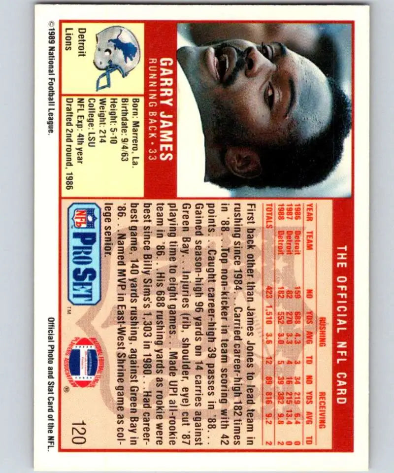 1989 Pro Set Garry James Detroit Lions football card in near mint condition