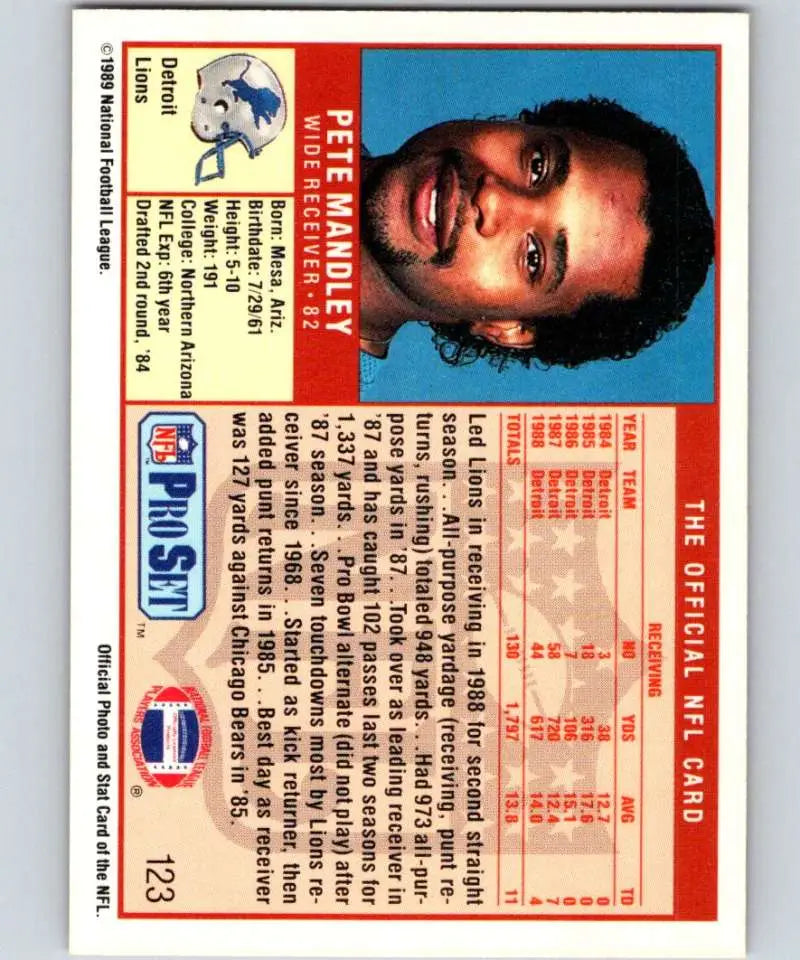 Vintage NFL Pro Set #123 Pete Mandley Detroit Lions Football Card with red and blue design