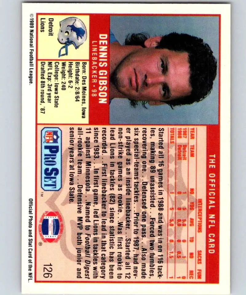 1989 Pro Set Dennis Gibson Detroit Lions Football Card from early 90s trading set