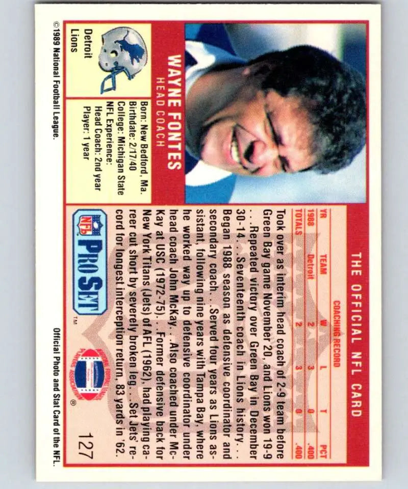 Vintage NFL Pro Set trading card of Wayne Fontes, Detroit Lions football card