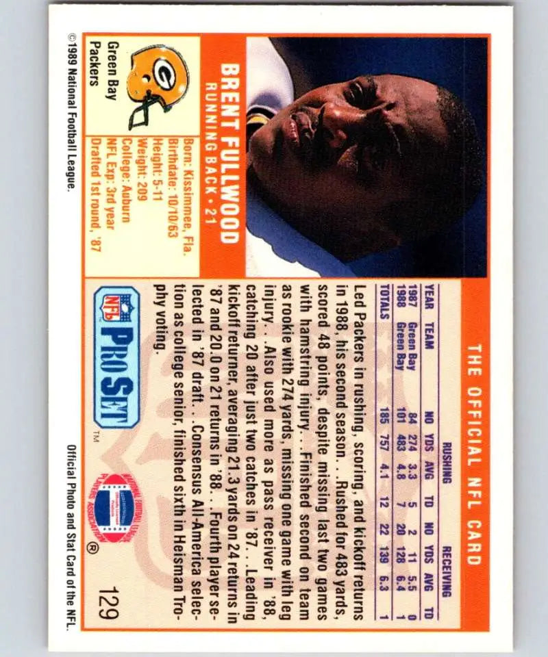 1989 Pro Set Brent Fullwood Rookie Card featuring Green Bay Packers player