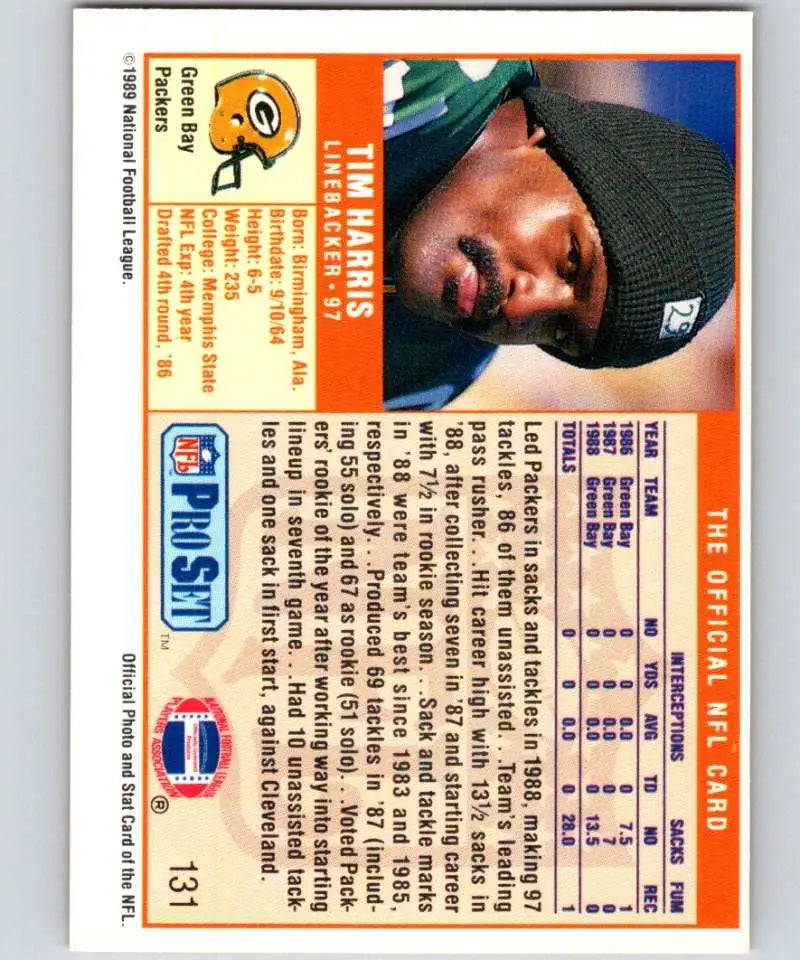 NFL Pro Set trading card of Green Bay Packers player Tim Harris in knit cap
