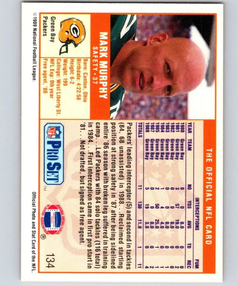 Vintage Green Bay Packers trading card featuring Mark Murphy from 1989 Pro Set