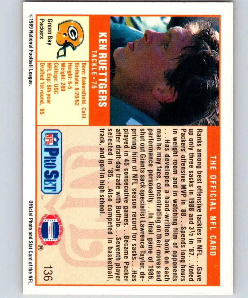 Ken Ruettgers Green Bay Packers Pro Set trading card from 1989 NFL series