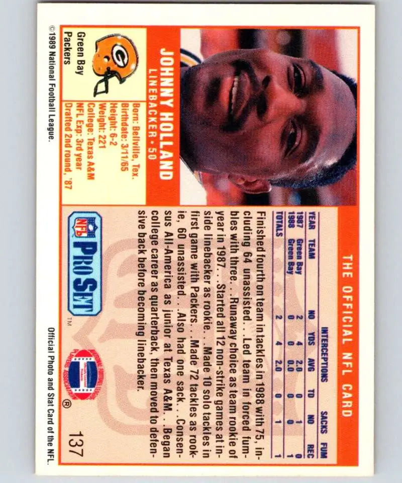 1989 Pro Set Johnny Holland football card featuring Green Bay Packers player