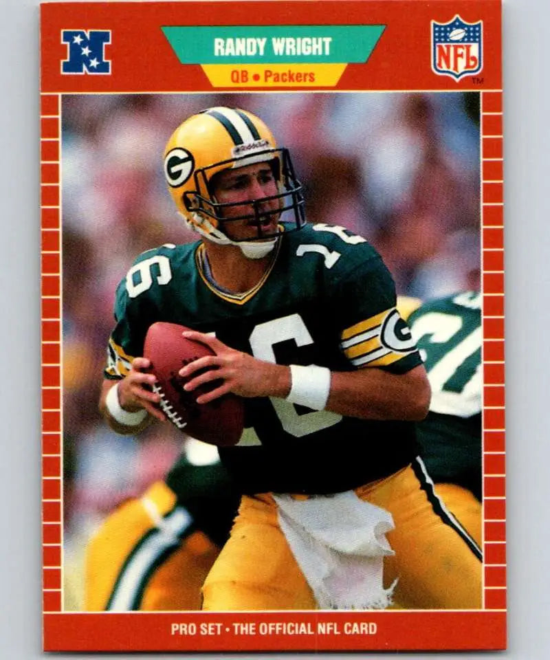 Green Bay Packers player in green jersey, yellow pants holding football on trading card