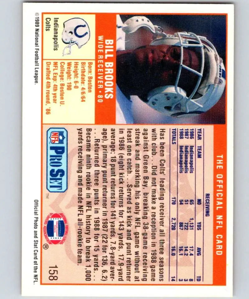 NFL trading card of Bill Brooks from the 1989 Pro Set featuring Indianapolis Colts player