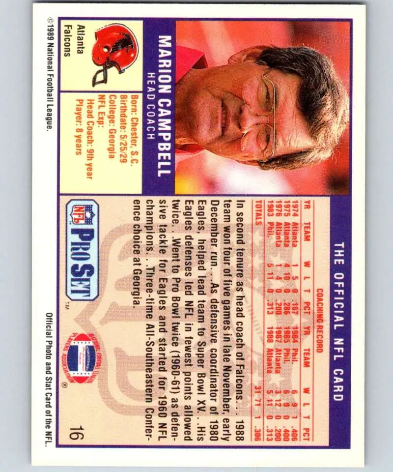 Pro Set NFL trading card of Marion Campbell, Atlanta Falcons, early 1990s collectible