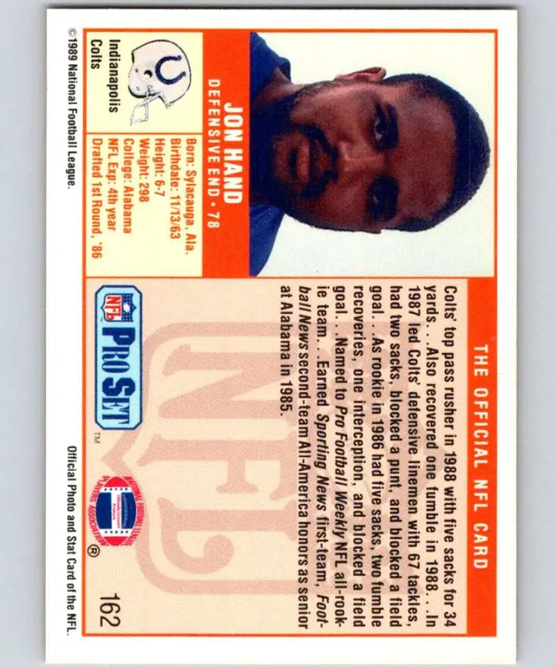 1989 Pro Set #162 Jon Hand NM-MT Indianapolis Colts Football Card display image