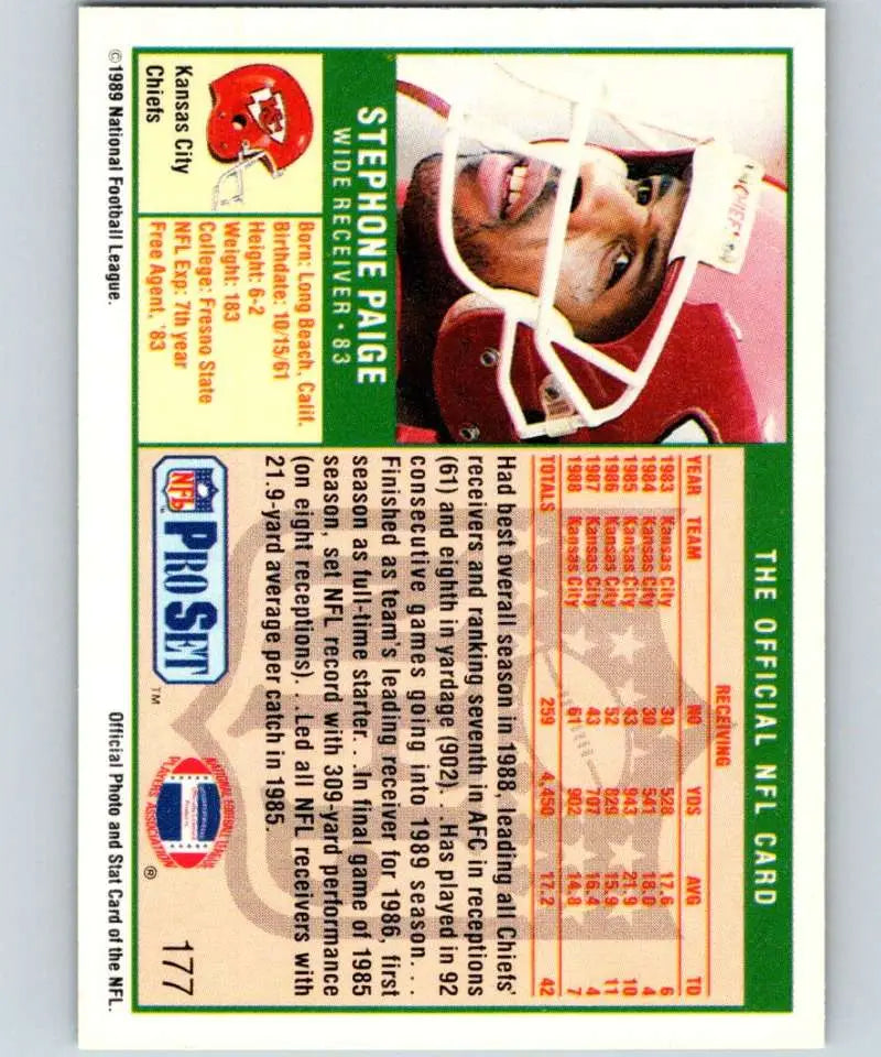 Vintage NFL trading card of Stephone Paige in Kansas City Chiefs uniform