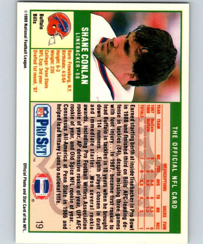Buffalo Bills football card featuring Shane Conlan from 1989 Pro Set #19