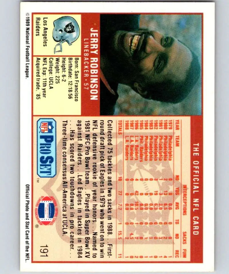 1989 Pro Set Jerry Robinson football card back with statistics and Los Angeles Raiders info