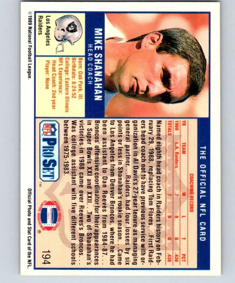Baseball trading card of Mike Shanahan from Pro Set for Los Angeles Raiders collectors