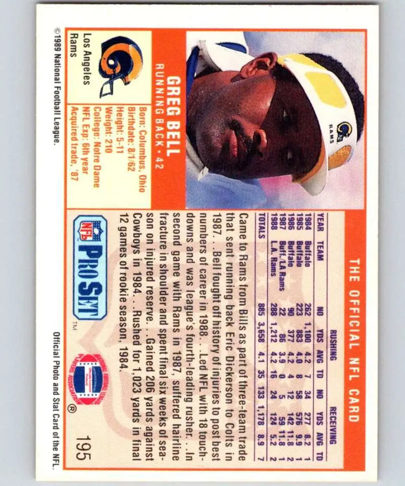 Vintage NFL Pro Set trading card of Greg Bell, Los Angeles Rams player, 1989 edition
