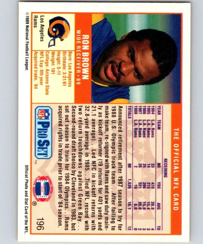 NFL Pro Set 1989 Ron Brown Los Angeles Rams card on vibrant rainbow gradient background