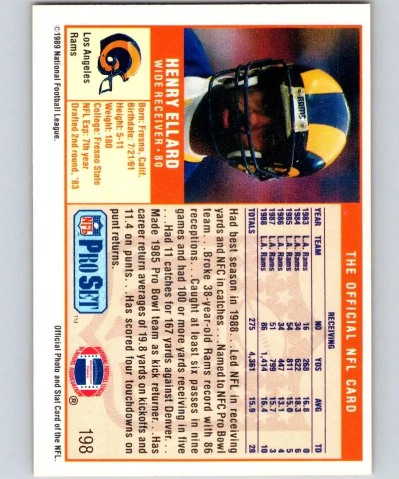 Henry Ellard NFL Pro Set trading card from Los Angeles Rams 1989 collection