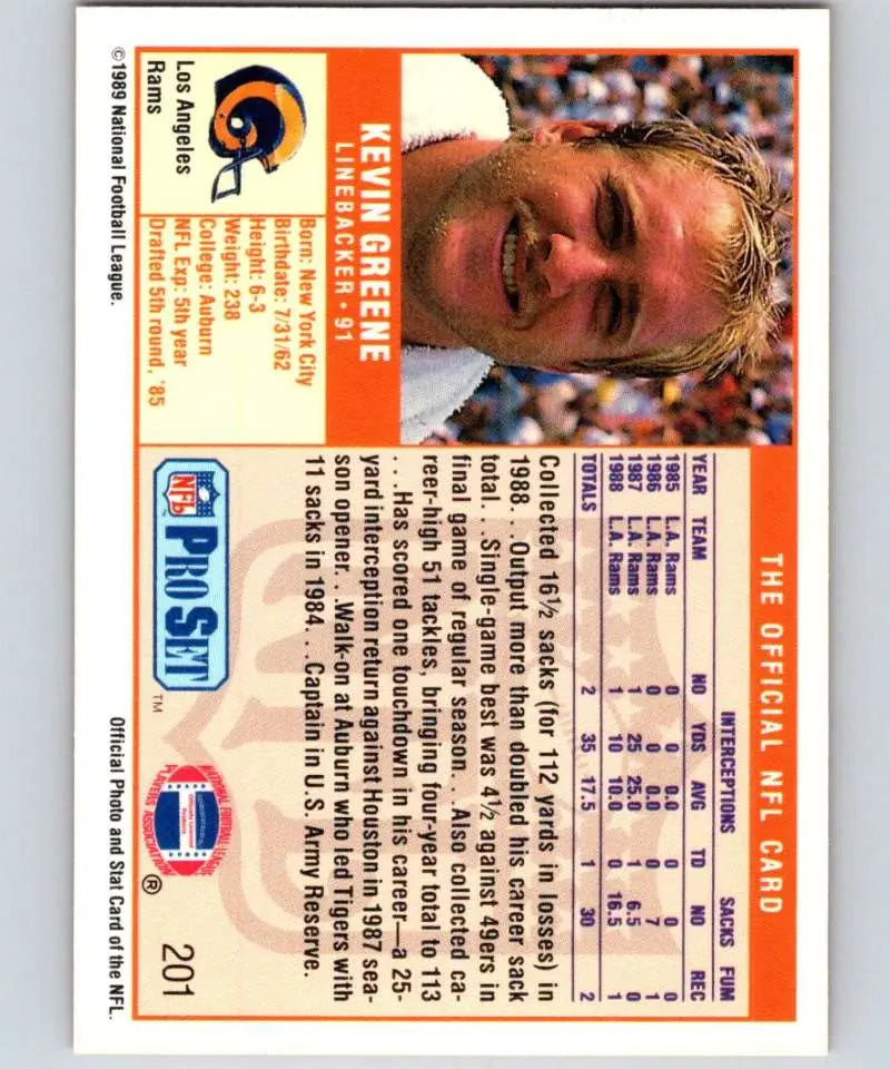 NFL Pro Set trading card of Kevin Greene, Los Angeles Rams player, 1989 edition