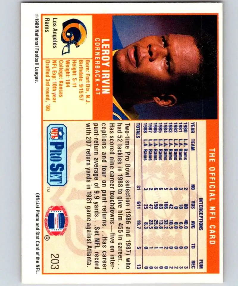 Trading card featuring Leroy Irvin from the Los Angeles Rams 1989 Pro Set collection