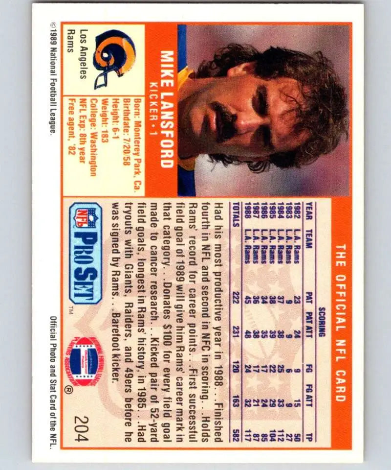 NFL trading card of Mike Lansford from the Pro Set collection for Los Angeles Rams