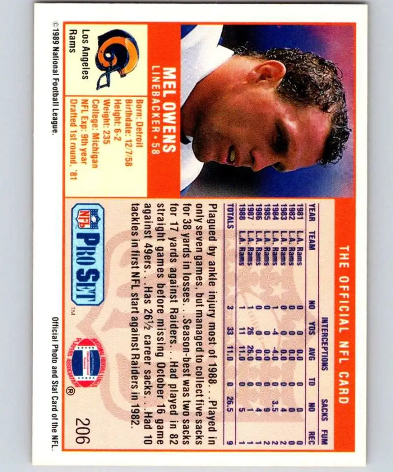1989 Pro Set #206 Mel Owens Los Angeles Rams Football Card in NM-MT condition
