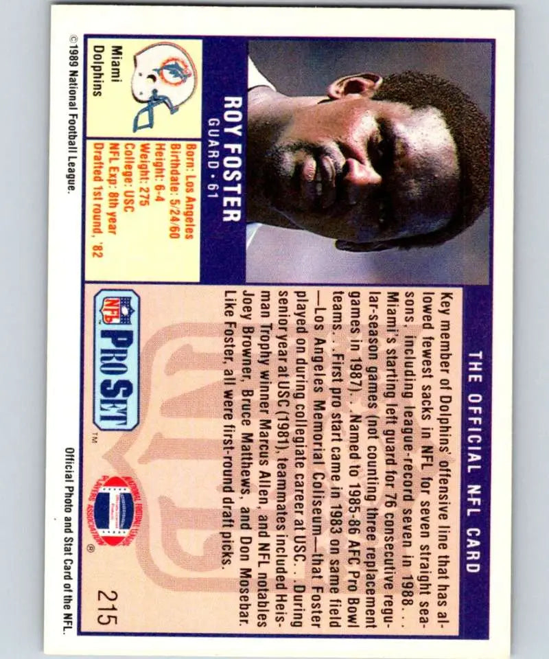 NFL trading card featuring Roy Foster and Miami Dolphins logo from Pro Set