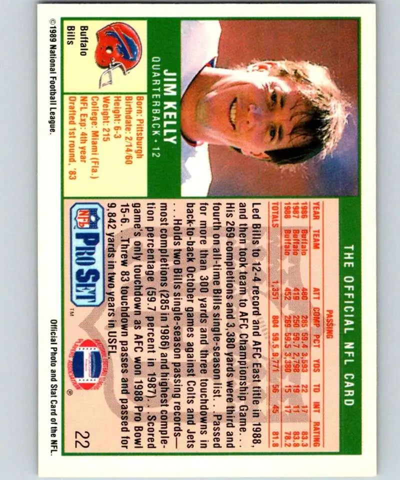 Jim Kelly Buffalo Bills Pro Set trading card showcasing player stats and biography