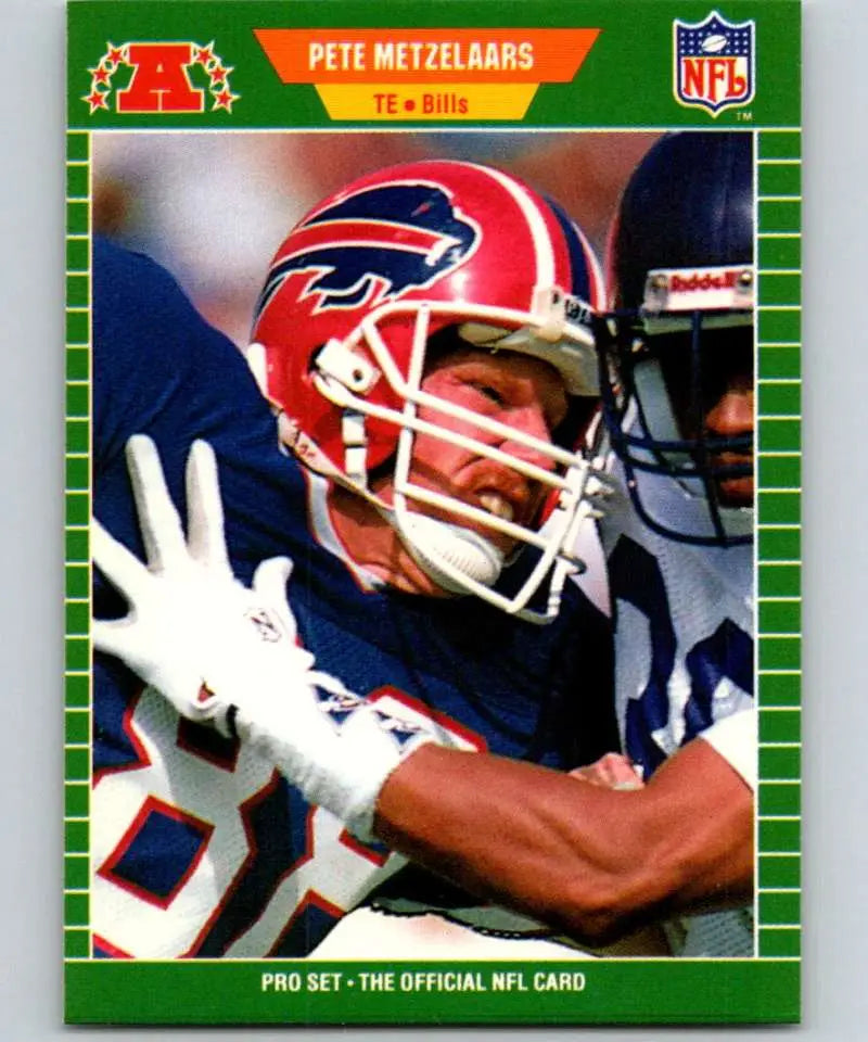 NFL trading card of Pete Metzelaars from the Buffalo Bills making a catch in red helmet