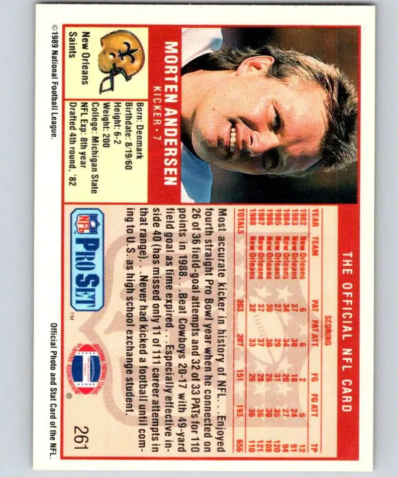 Morten Andersen 1989 Pro Set trading card featuring New Orleans Saints highlights