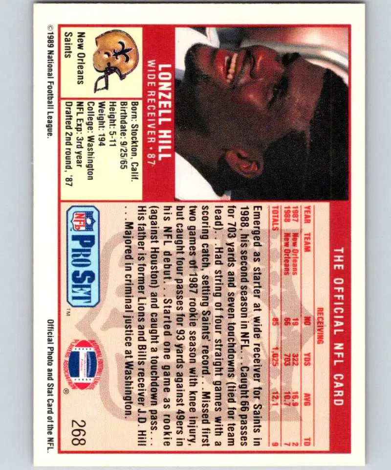 Vintage NFL Pro Set trading card featuring Lonzell Hill of the New Orleans Saints