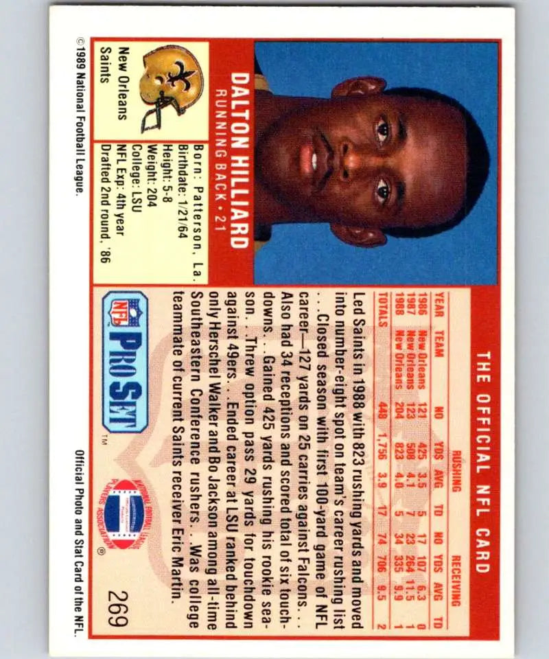 Vintage Pro Set NFL trading card of Dalton Hilliard from New Orleans Saints