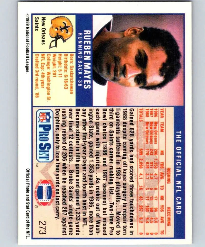 Vintage 1989 Pro Set Rueben Mayes Orleans Saints Football Trading Card NM-MT
