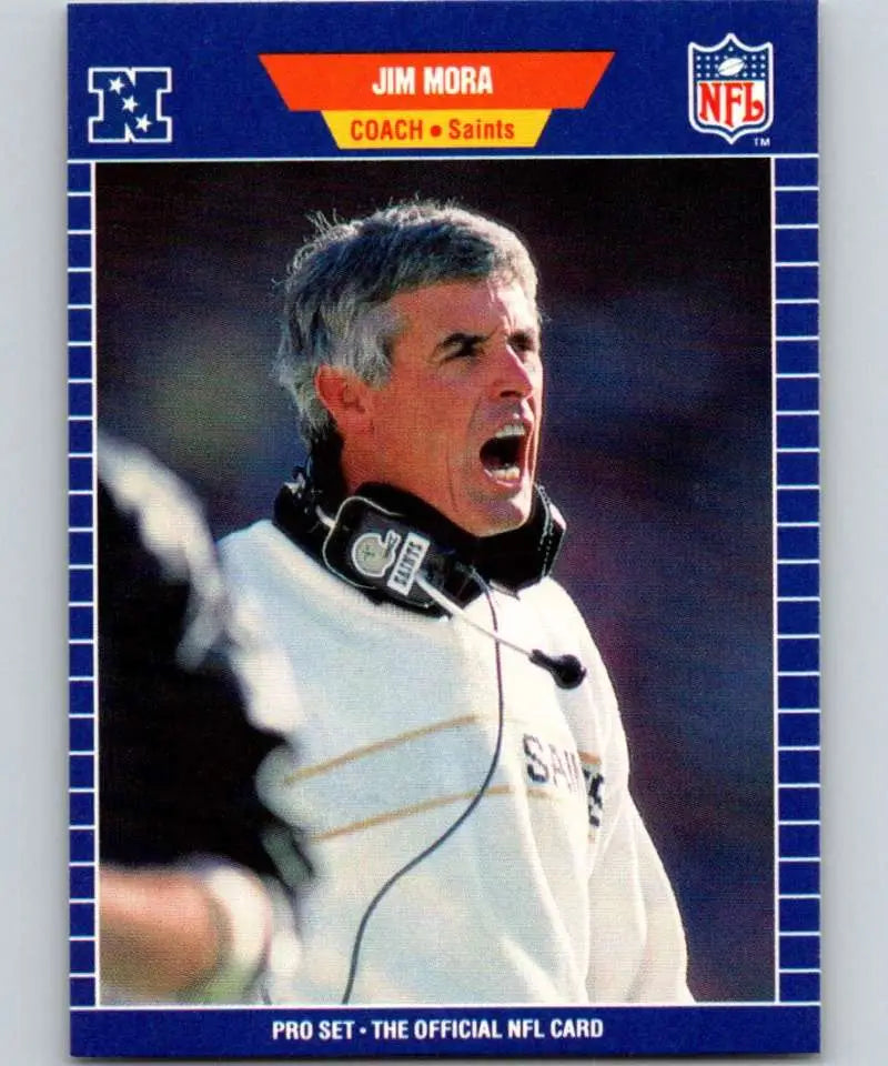 NFL Trading Card of Jim Mora in headset and jacket for New Orleans Saints Football Card