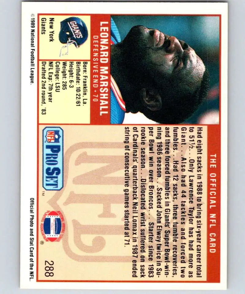 Vintage NFL Pro Set football card of Leonard Marshall, profile view, New York Giants