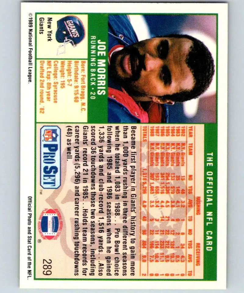 Pro Set Joe Morris New York Giants Football Card from 1989 in NM-MT condition
