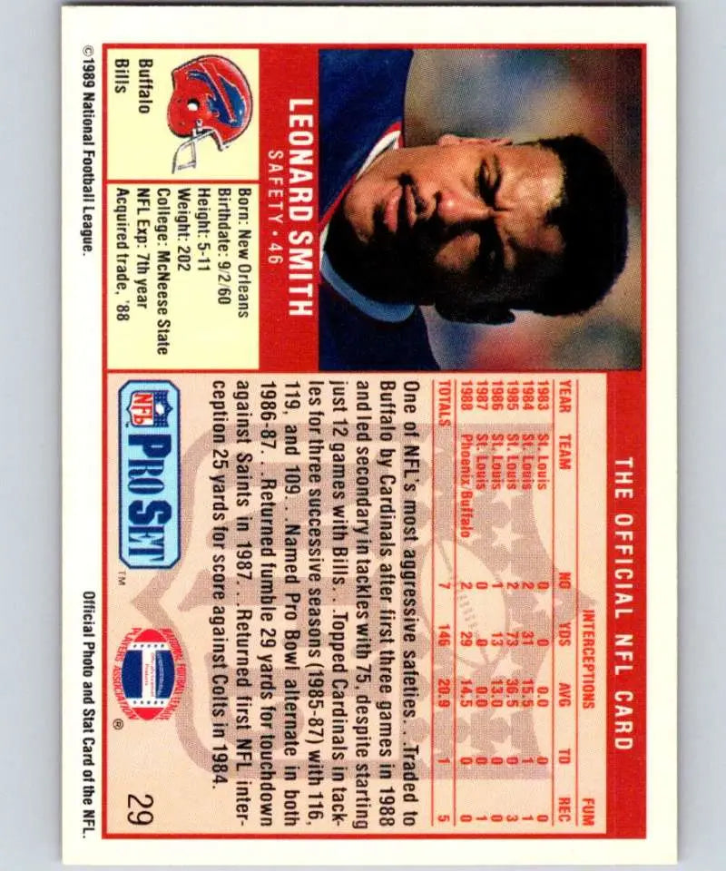 Vintage Buffalo Bills Football Card featuring Leonard Smith from Pro Set 1989