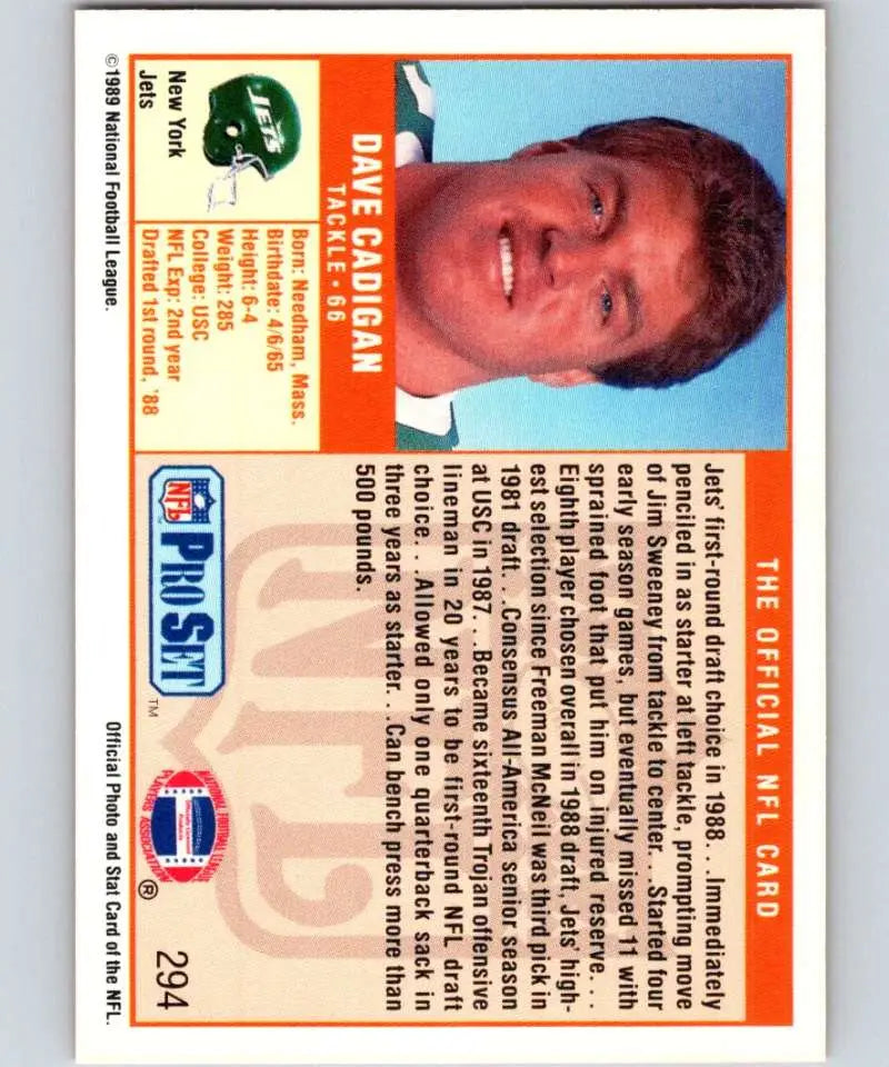 Vintage 1989 Pro Set Dave Cadigan New York Jets Football Trading Card NM-MT