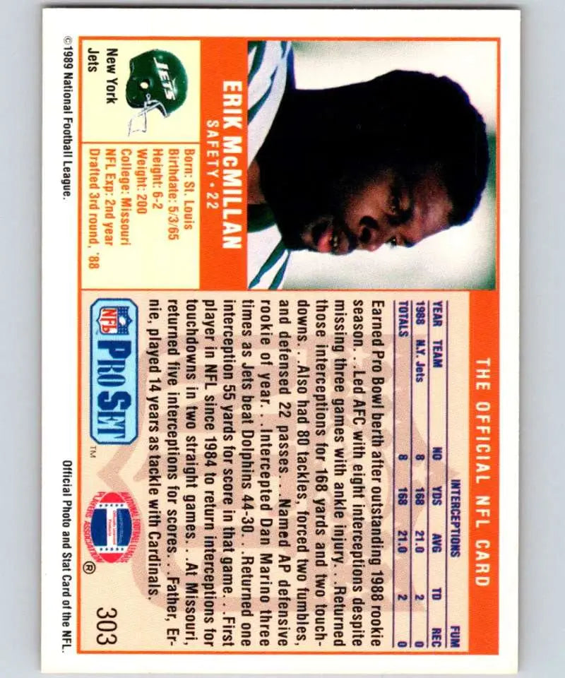 Vintage NFL trading card of Erik McMillan from Pro Set, New York Jets rookie