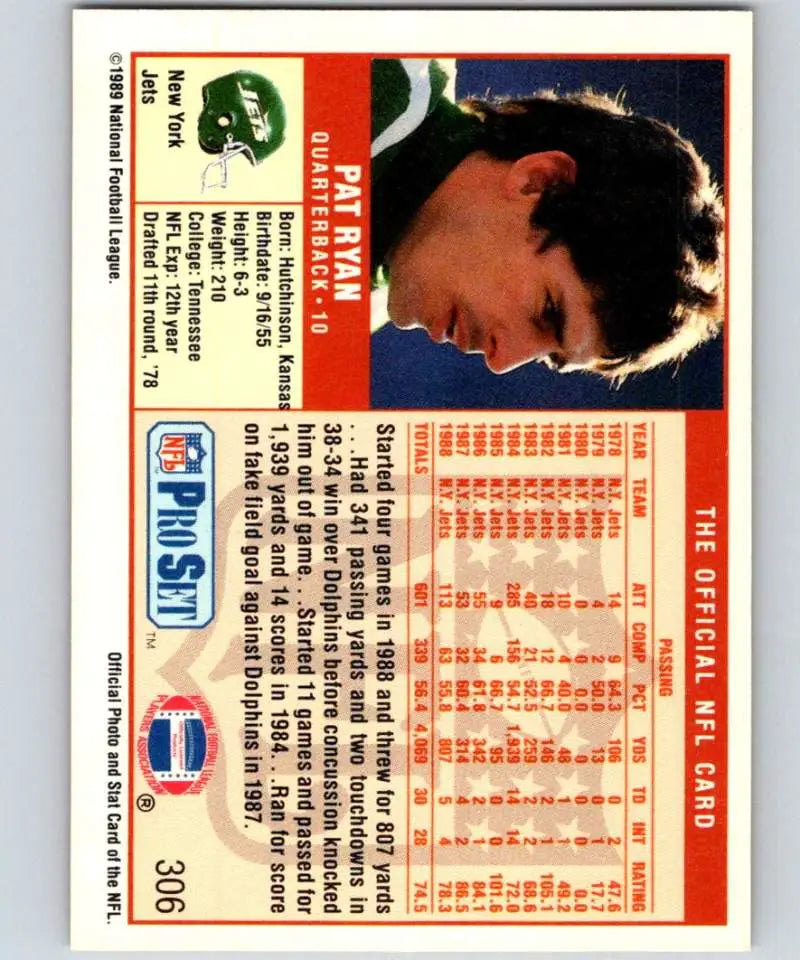 Vintage NFL Pro Set football card of Pat Ryan from the New York Jets featuring stats