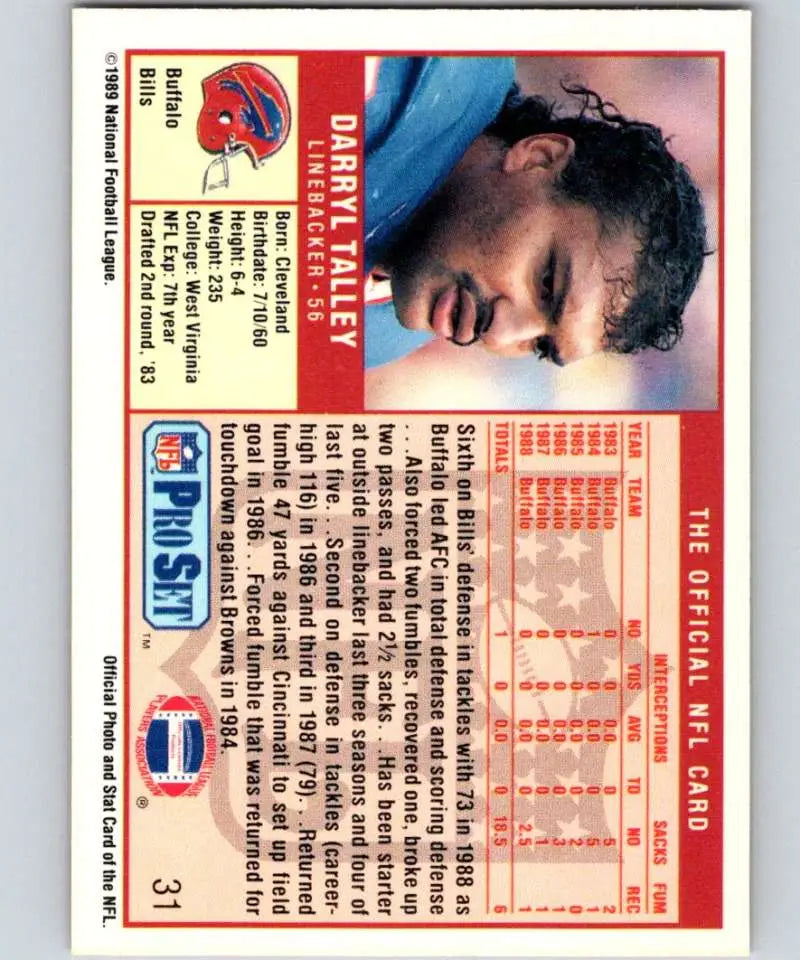 Vintage NFL Pro Set 1989 Darryl Talley Buffalo Bills Football Card NM-MT