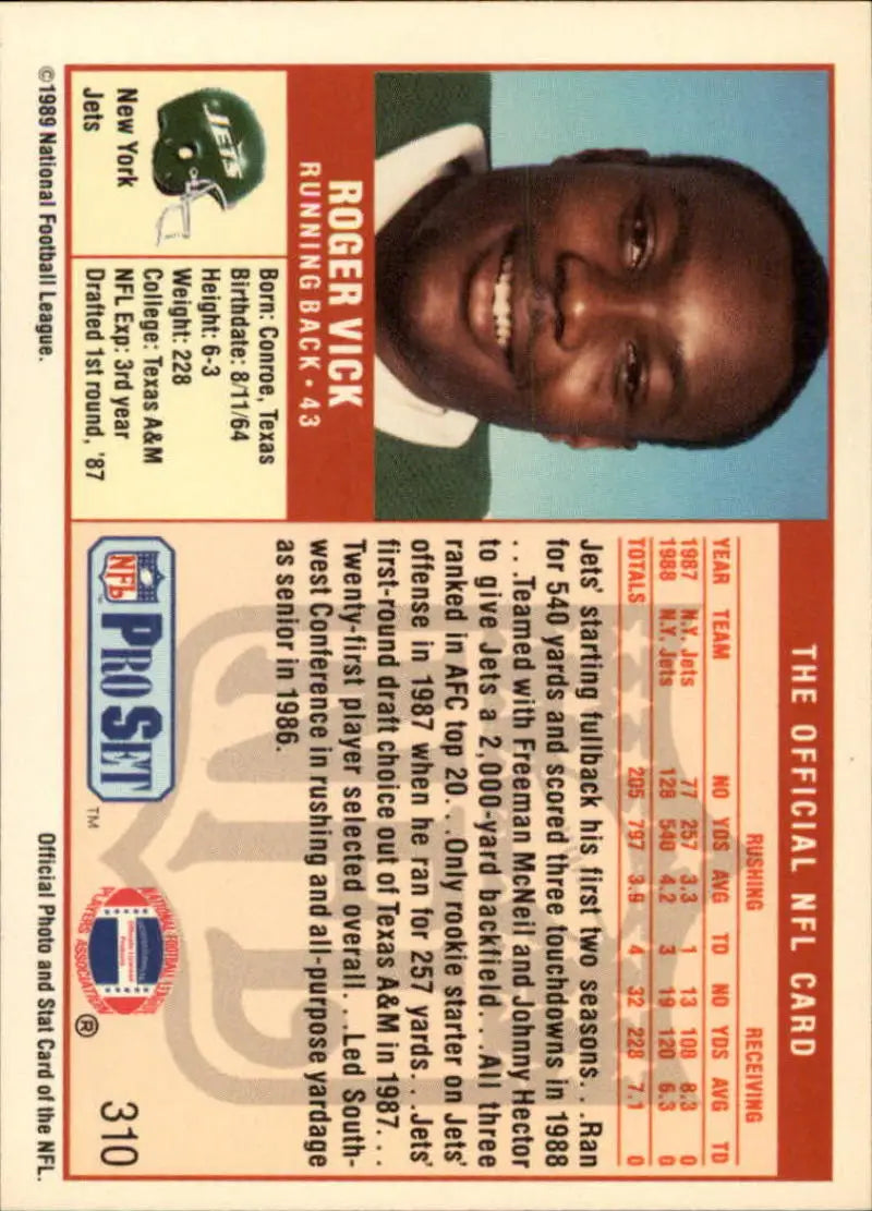 Vintage NFL Pro Set trading card of Roger Vick from the New York Jets