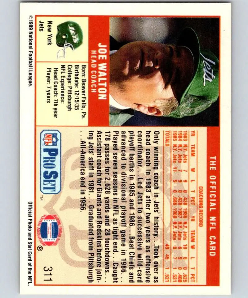 Baseball trading card featuring Joe Walton with a green cap from New York Jets Football Card
