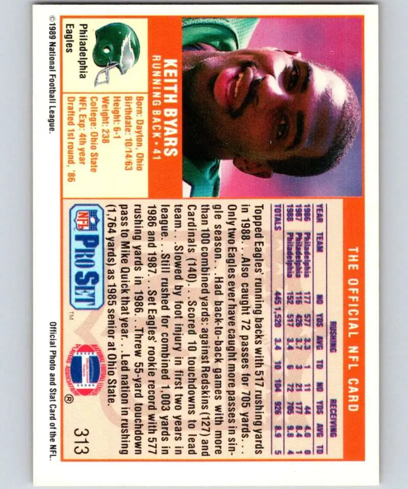 NFL Pro Set trading card of Keith Byars, Philadelphia Eagles player, 1989 edition