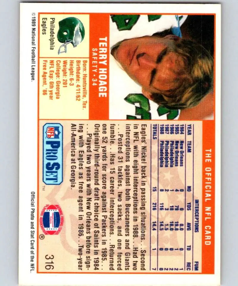 Back of 1989 Pro Set Terry Hoage Football Card with player stats for Philadelphia Eagles